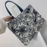 Women Large Capacity Shoulder Bags Striped Embroidery Shopping Tote