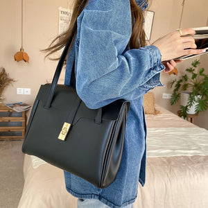 Large Capacity Vintage Shoulder Bag Solid PU Leather Ladies Tote