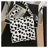 Cow Print Plush Shoulder Bag Soft Fuzzy Crossbody Purse