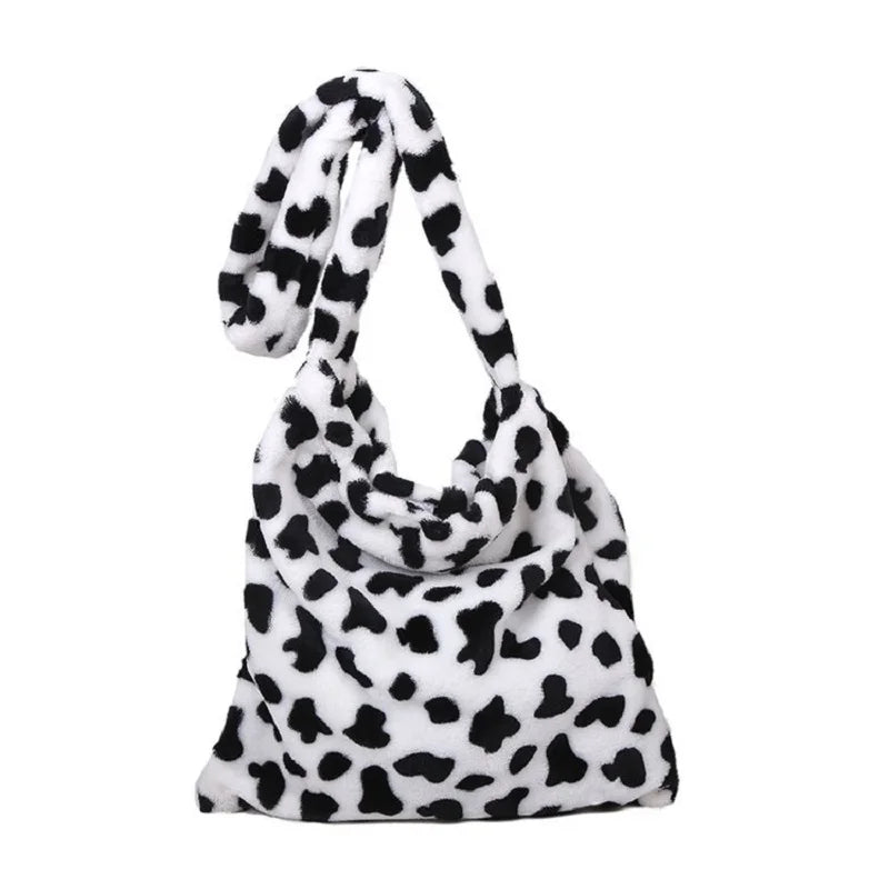 Cow Print Plush Shoulder Bag Soft Fuzzy Crossbody Purse