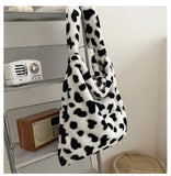 Cow Print Plush Shoulder Bag Soft Fuzzy Crossbody Purse