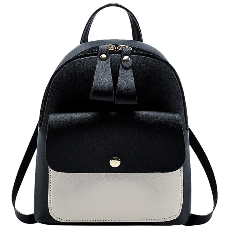 Women Leather Backpack Mini Panelled Bag Bookbag Mochila