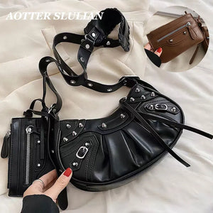 Women Leather Half Moon Shoulder Bags 2 Pcs/set Rivets Armpit Crossbody Bags