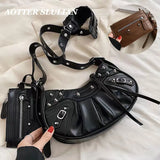 Women Leather Half Moon Shoulder Bags 2 Pcs/set Rivets Armpit Crossbody Bags