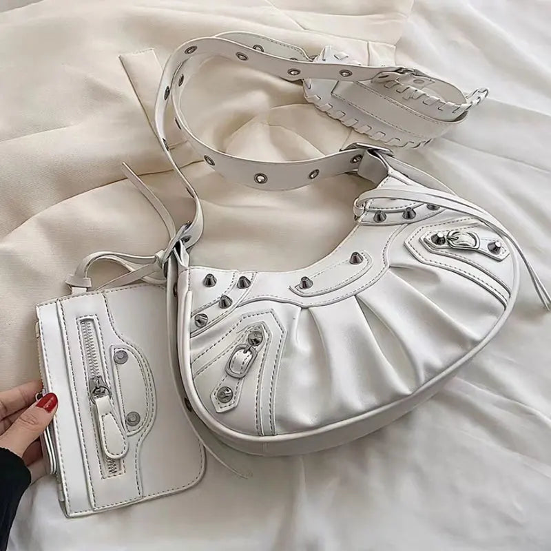 Women Leather Half Moon Shoulder Bags 2 Pcs/set Rivets Armpit Crossbody Bags