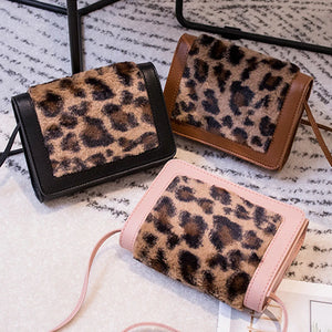 Leather Plush Shoulder Bag Leopard Crossbody Messenger Handbag