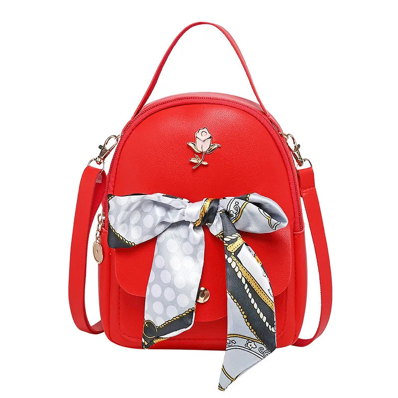 Women Leather Small Backpack Silk Scarf Travel Crossbody Shoulder Bags