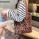 Leopard Knitting Tote Shoulder Bag Weave Handbag Large Capacity Soft Shopping Ba