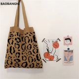 Leopard Knitting Tote Shoulder Bag Weave Handbag Large Capacity Soft Shopping Ba