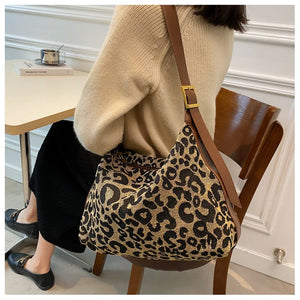 Leopard Print Shoulder Bag for Women Canvas Tote Handbag