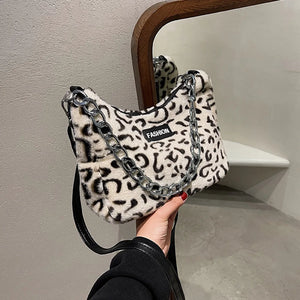 Leopard Print Plush Shoulder Bag Large Capacity Crossbody Messenger Bag