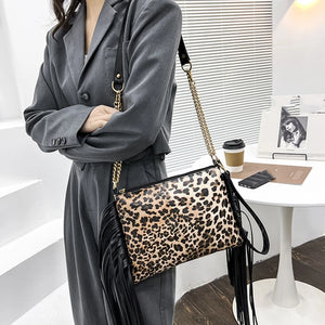 Leopard Print Shoulder Bag with Tassel Crossbody Purse
