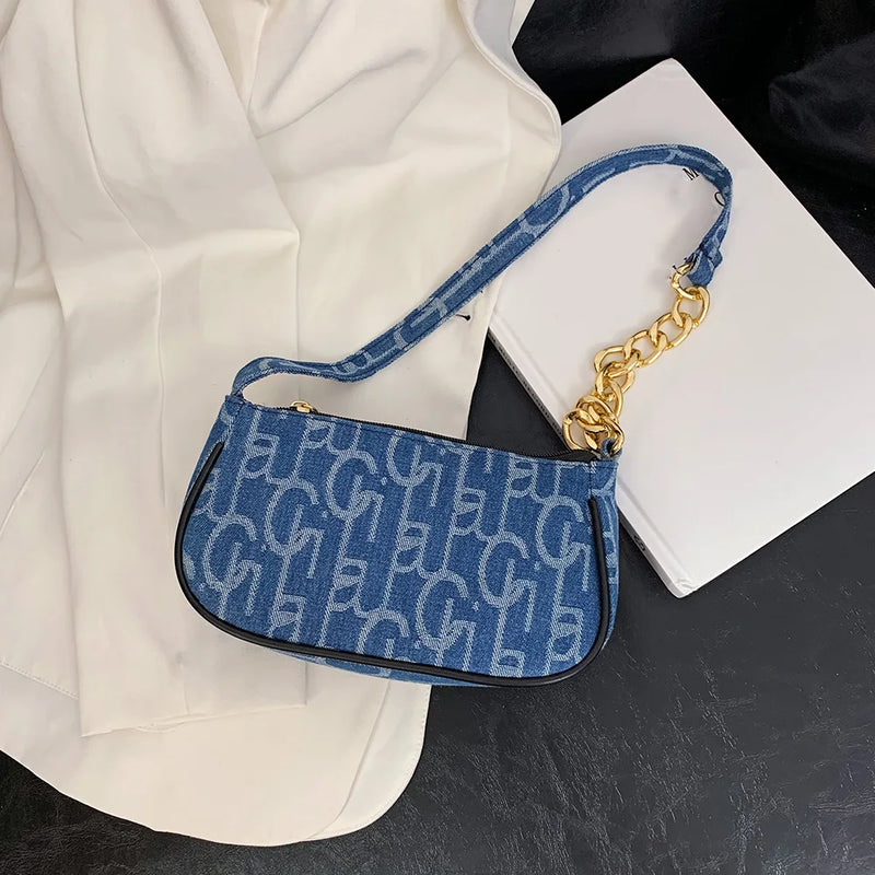 Women Letters Printing Denim Shoulder Bag Chain Small Purse Handbags