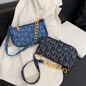 Women Letters Printing Denim Shoulder Bag Chain Small Purse Handbags