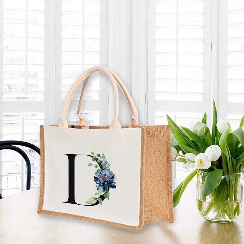 Letter Print Women Linen Tote Large Capacity Handbag Shoulder Bag