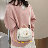 Women Plush Shoulder Bag Small Canvas Cross Body Bags Embroidery Zipper Purse