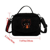 Women Plush Shoulder Bag Small Canvas Cross Body Bags Embroidery Zipper Purse