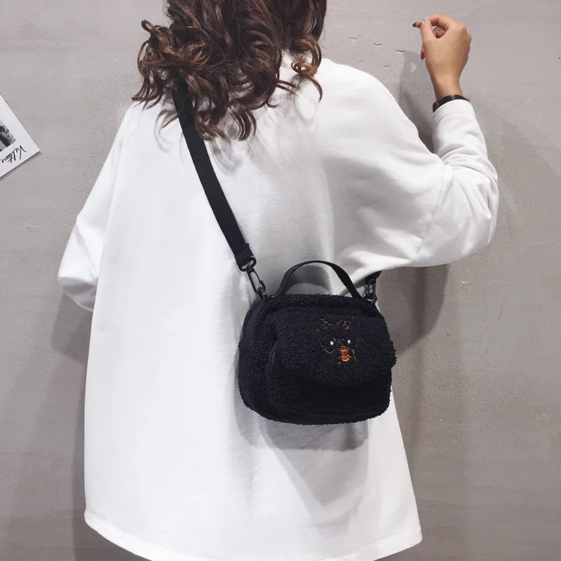 Women Small Plush Shoulder Bag Canvas Cross Body Bag Ladies Embroidery Purse