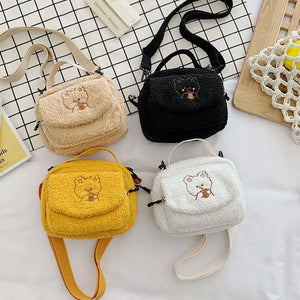 Women Plush Shoulder Bag Small Canvas Cross Body Bags Embroidery Zipper Purse