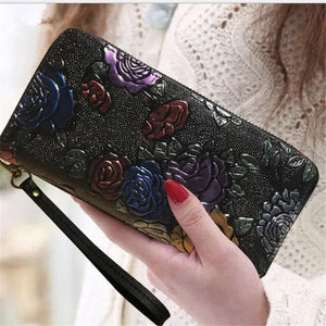 Women Long Wallet 3D Embossing Rose Dragonfly Butterfly Clutch Zipper Hangbags