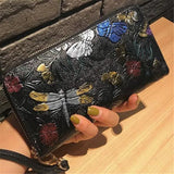 Women Long Wallet 3D Embossing Rose Dragonfly Butterfly Clutch Zipper Hangbags