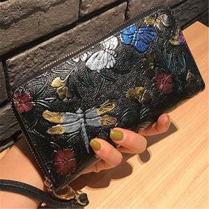 Women Long Wallet Leather 3D Embossing Clutch Bag Large Zipper Hangbags