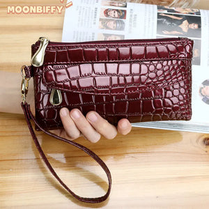 Women Long Leather Double Zipper Wallet Clutch Bag Red Purse Crocodile Purses