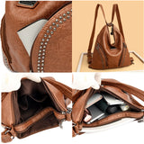 Soft Leather Rivet Shoulder Bag Multifunction Backpack Large Capacity