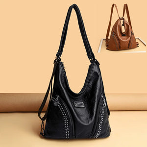 Soft Leather Rivet Shoulder Bag Multifunction Backpack Large Capacity