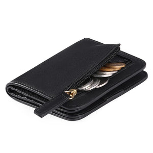 RFID Blocking Leather Bifold Zipper Wallet with ID Window