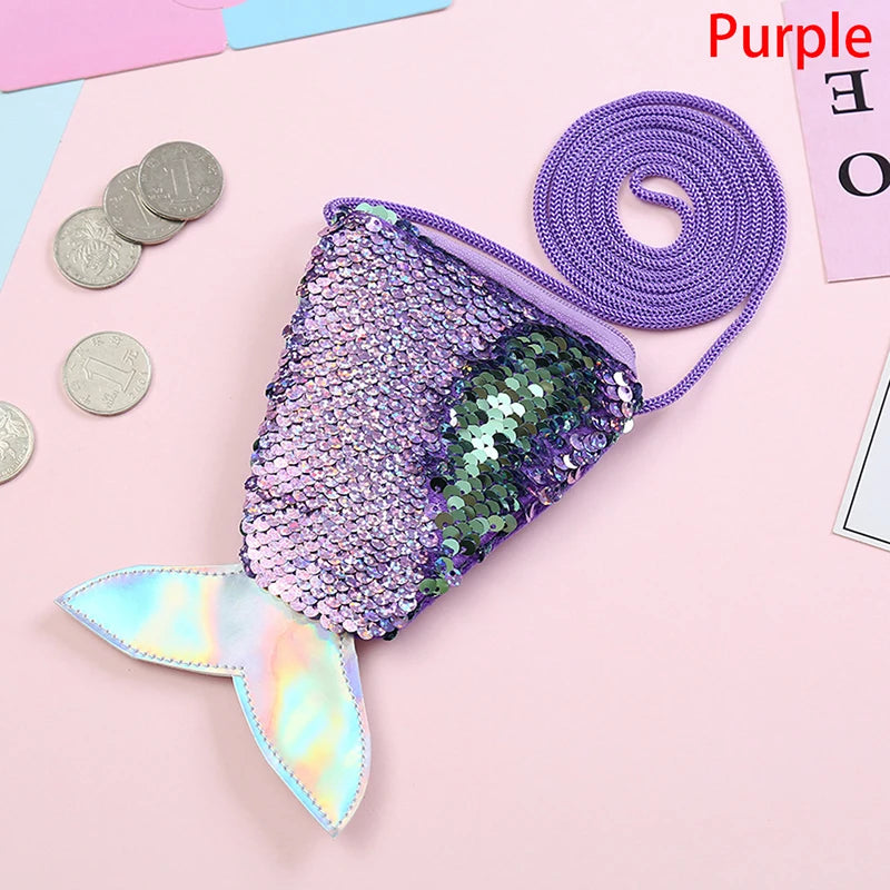 Mermaid Tail Sequins Coin Purse Girls Crossbody Bags Sling Money Change Card Hol