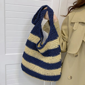 Women Messenger Bag Straw Weave Casual Travel Tote Hollow Striped Large Capacity