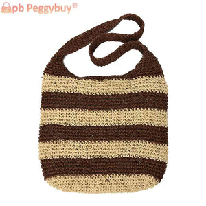 Women Messenger Bag Straw Weave Casual Travel Tote Hollow Striped Large Capacity