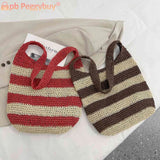 Women Messenger Bag Straw Weave Casual Travel Tote Hollow Striped Large Capacity