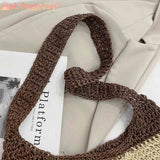 Women Messenger Bag Straw Weave Casual Travel Tote Hollow Striped Large Capacity