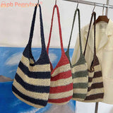 Women Messenger Bag Straw Weave Casual Travel Tote Hollow Striped Large Capacity