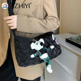 Quilted Shoulder Messenger Bag with Bear Pendant for Women