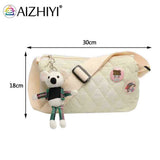 Quilted Shoulder Messenger Bag with Bear Pendant for Women