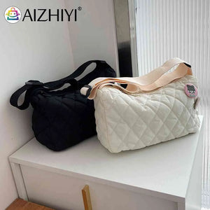 Quilted Shoulder Messenger Bag with Bear Pendant for Women
