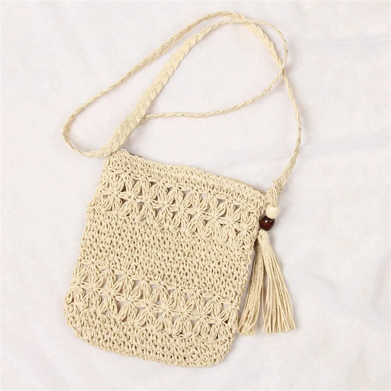 Hollow Out Woven Messenger Bag Tassel Beach Straw Crossbody Bag
