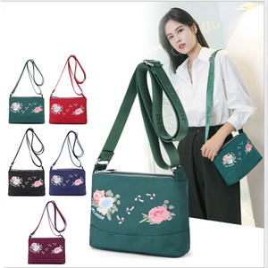 Embroidered Flower Messenger Bag with Small Wallet