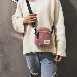 Pink Corduroy Mini Shoulder Bag Zipper Purse for Girl