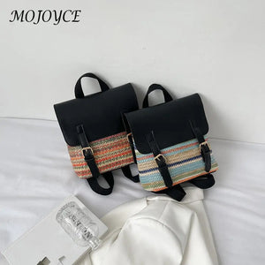 Women Multi-Function Backpack Straw PU Leather School Bag