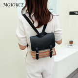 Women Multi-Function Backpack Straw PU Leather School Bag