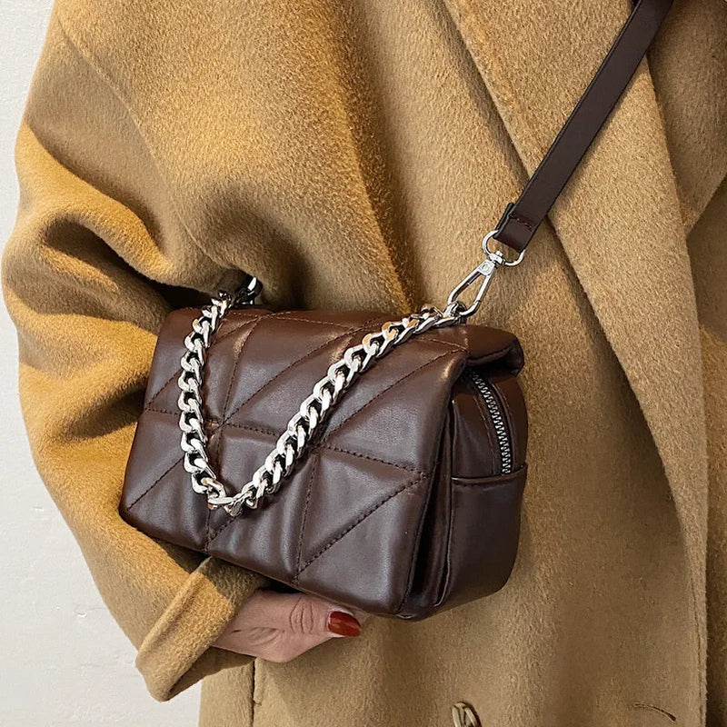 Women Soft Square Crossbody Bag with Metal Chain Shoulder