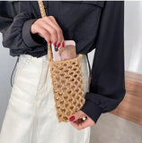 Women Small Crossbody Phone Bag Solid Hollow-out Woven Crochet Braided Shoulder