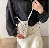 Women Small Crossbody Phone Bag Solid Hollow-out Woven Crochet Braided Shoulder