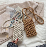 Women Small Crossbody Phone Bag Solid Hollow-out Woven Crochet Braided Shoulder