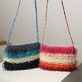 Women Striped Straw Bag One-shoulder Tassel Small Hand-woven Bag