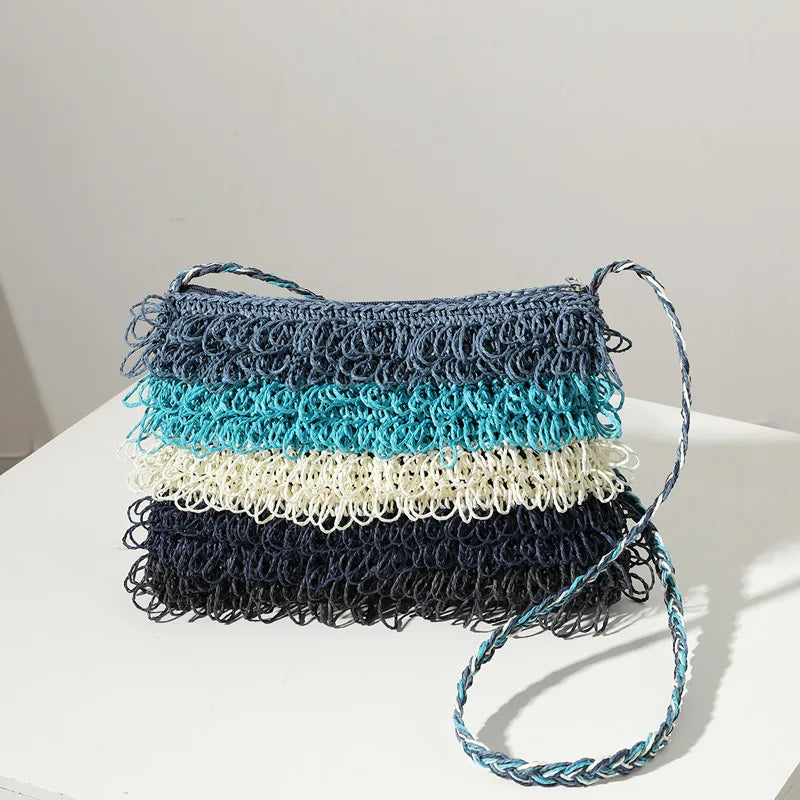 Women Striped Straw Bag One-shoulder Tassel Small Hand-woven Bag